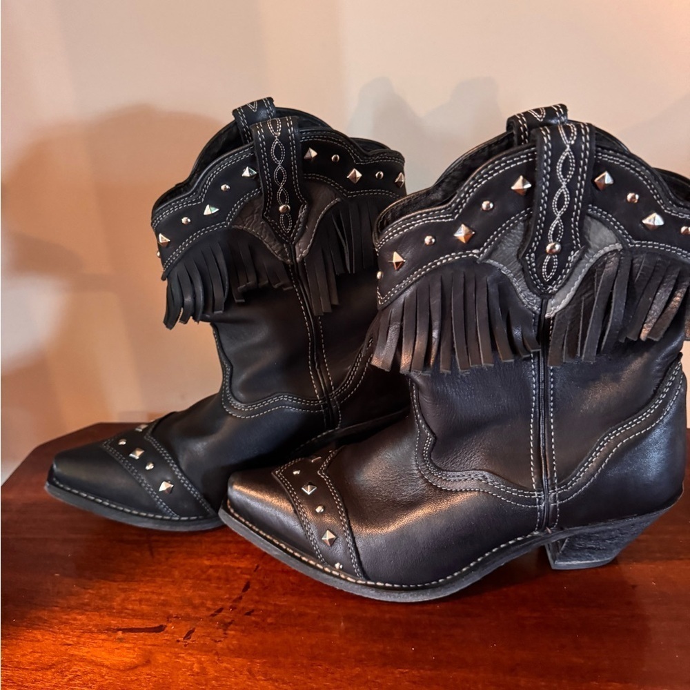 Women’s Leather Black Fringe Western Ankle Boots by Rocking Country - Picture 5 of 10